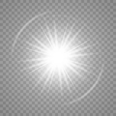 Şeffaf beyaz parlayan ışık patlaması. Işın parıltılarıyla serin efekt dekorasyonu. Şeffaf parlaklık gradyan parıltısı