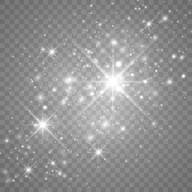 Şeffaf arkaplanda izole edilmiş pek çok sim parçacığı ile parlayan ışık efekti. Tozla kaplı vektör yıldızlı bulut. Sihirli Noel süslemesi