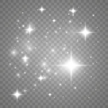 Şeffaf arkaplanda izole edilmiş pek çok sim parçacığı ile parlayan ışık efekti. Tozla kaplı vektör yıldızlı bulut. Sihirli Noel süslemesi