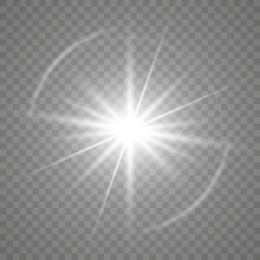 Şeffaf beyaz parlayan ışık patlaması. Işın parıltılarıyla serin efekt dekorasyonu. Şeffaf parlaklık gradyan parıltısı
