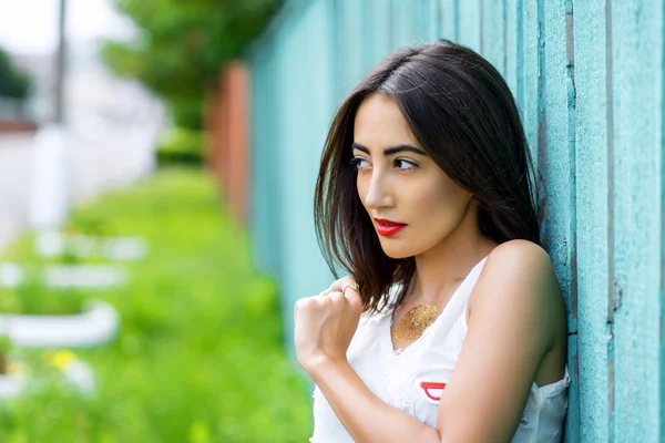 Dívka Bruneta v létě v parku, odpočívá bílou blůzu na pozadí dřevěného plotu, módní životní styl, jemný vzhled. Smyslová make-up, vyčiněná pleť a zářivě červená rtěnka. — Stock fotografie