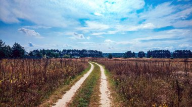 Yaz ülke road ve alanları mavi güzel bulutlu gökyüzü ve güzel orman arka plan olarak. Mesafe otoyol. Doğru şekilde kavramı