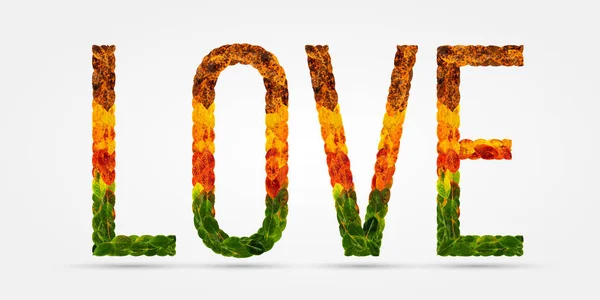 Ein Wort Liebe, aus Herbstblättern. Gutschein. kreative Idee für einen geliebten Menschen. eine schöne Schrift aus den Blättern. Eine Liebeserklärung. Valentinstag. — Stockfoto