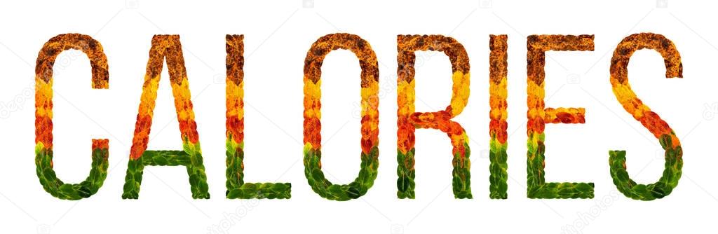 word Calories written with leaves white isolated background, banner for printing, creative illustration of colored leaves.