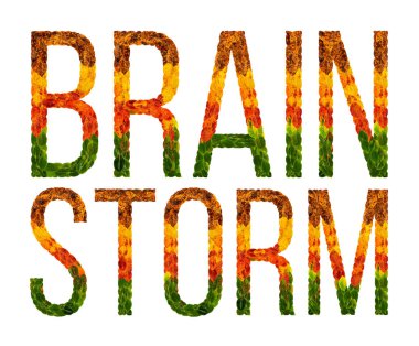 Word izole yaprakları beyaz arka plan, yazdırma, yaratıcı illüstrasyon renkli yaprak için banner ile yazılı beyin fırtınası.