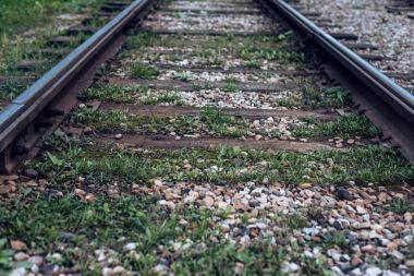 Eski tramvay rayları, Uyuyanlar çimen, çakıl ve taş şehir arasında yakın çekim, yaz sonbahar.