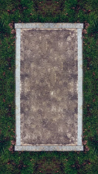 Tafel für Text von Asphaltstraße, entlang der Kanten der Grenze aus Stein, grünem Gras im Herbst in der Stadt. Hintergrund für die Inschrift Herbst Frühling Stil in der Natur. — Stockfoto