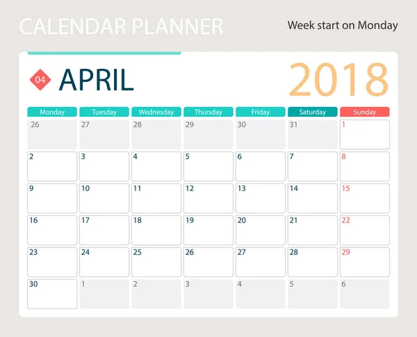ABRIL 2018, calendario vectorial ilustración o planificador de escritorio, semanas comienzan el lunes — Archivo Imágenes Vectoriales