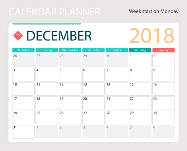 Dezember 2018, Illustrationsvektorkalender oder Schreibtischplaner, Wochenbeginn am Montag — Stockvektor