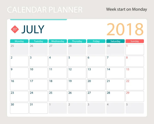 JULIO 2018, calendario vectorial de ilustración o planificador de escritorio, las semanas comienzan el lunes — Archivo Imágenes Vectoriales