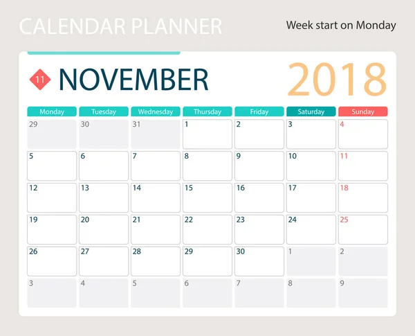 NOVIEMBRE 2018, calendario vectorial ilustración o planificador de escritorio, semanas comienzan el lunes — Archivo Imágenes Vectoriales