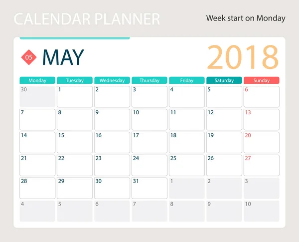MAYO 2018, calendario vectorial ilustración o planificador de escritorio, semanas comienzan el lunes — Archivo Imágenes Vectoriales