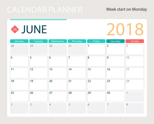 JUNIO 2018, calendario vectorial de ilustración o planificador de escritorio, las semanas comienzan el lunes — Archivo Imágenes Vectoriales