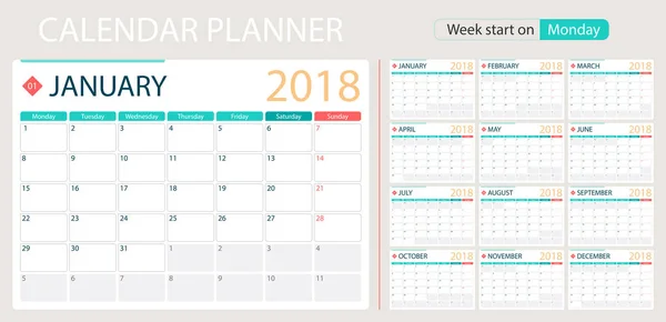 Kalenderplaner für das Jahr 2018, Wochenstart Montag. Satz von 12 Monaten, Corporate Design Planer Vorlage, Größe a4 druckbare Kalendervorlagen. — Stockvektor