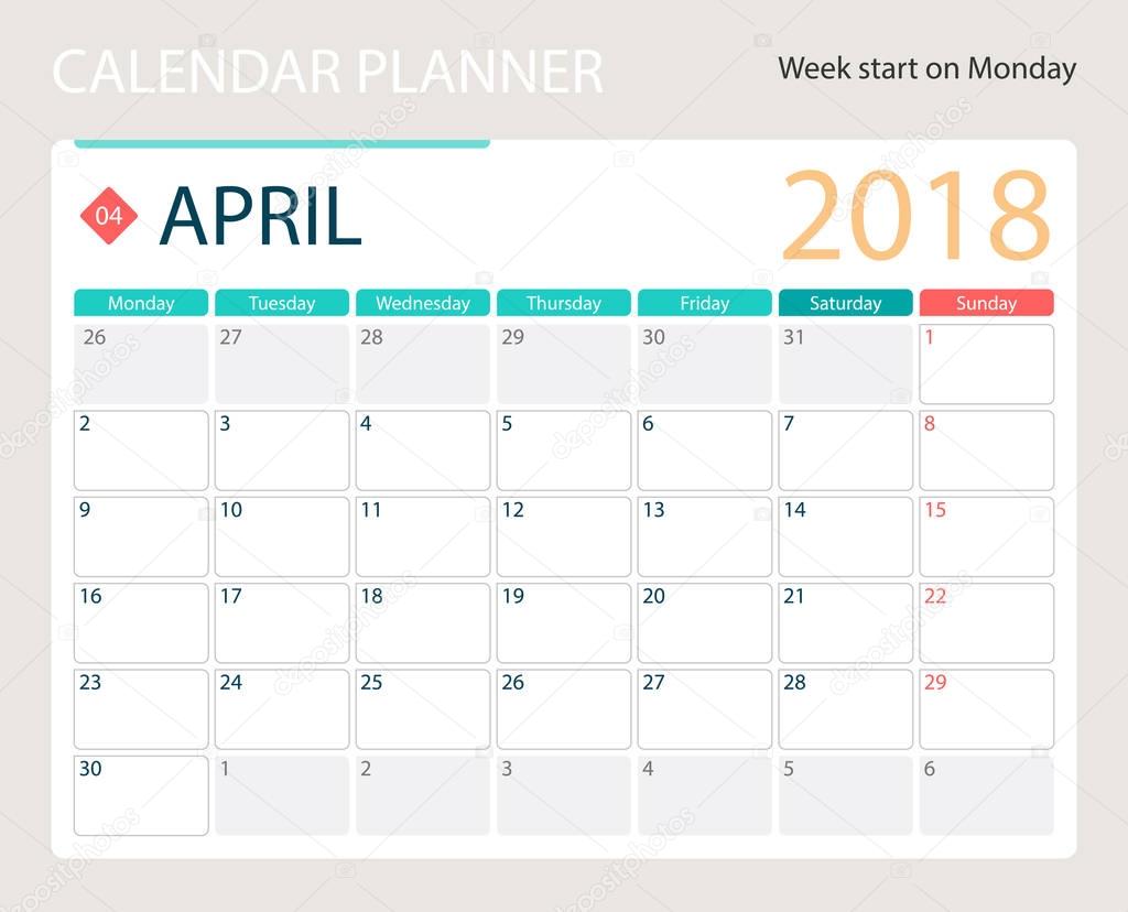 APRIL 2018, illustration vector calendar or desk planner, weeks start on Monday
