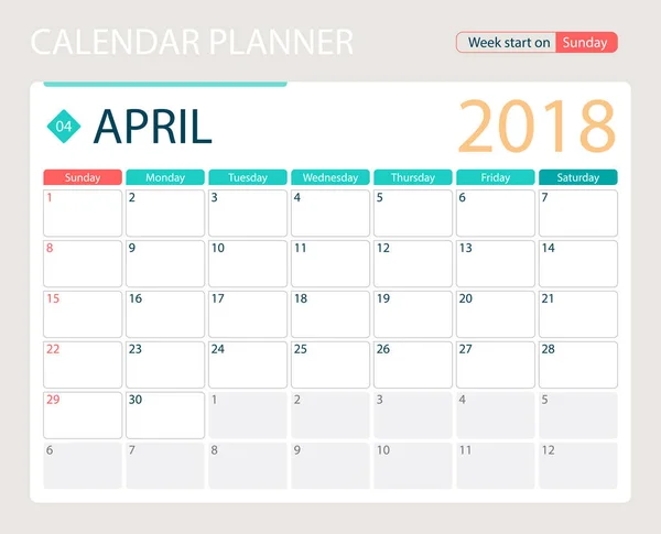 ABRIL 2018, calendario vectorial ilustración o planificador de escritorio, semanas comienzan el domingo — Archivo Imágenes Vectoriales