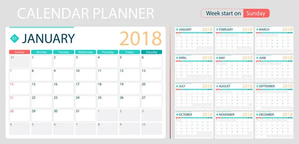 Kalenderplaner für das Jahr 2018, Wochenstart Sonntag. Satz von 12 Monaten, Corporate Design Planer Vorlage, Größe a4 druckbare Kalendervorlagen. — Stockvektor