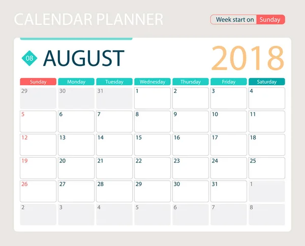 AGOSTO 2018, calendario vectorial ilustración o planificador de escritorio, semanas comienzan el domingo — Archivo Imágenes Vectoriales