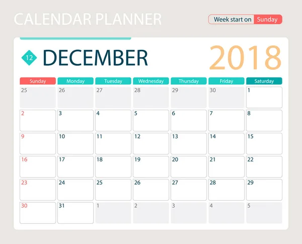 Dezember 2018, Illustrationsvektorkalender oder Schreibtischplaner, Wochenbeginn am Sonntag — Stockvektor