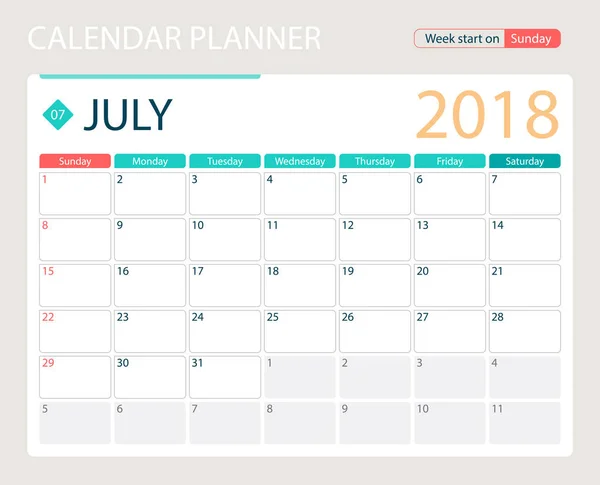 JULIO 2018, calendario vectorial de ilustración o planificador de escritorio, las semanas comienzan el domingo — Archivo Imágenes Vectoriales