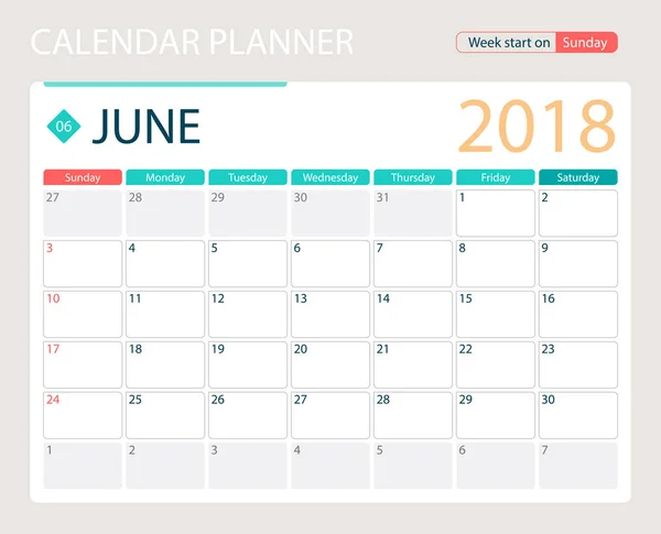 JUNIO 2018, calendario vectorial de ilustración o planificador de escritorio, las semanas comienzan el domingo — Archivo Imágenes Vectoriales