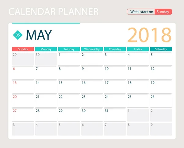 Maja 2018 r. wektor ilustracja kalendarz lub biurko planner, tygodni uruchomić w niedzielę — Wektor stockowy