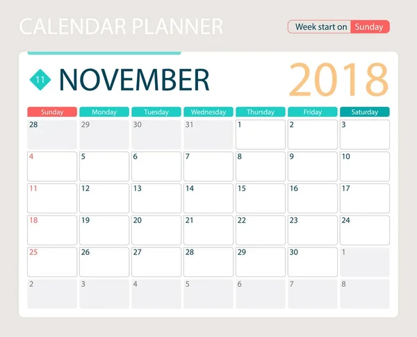 November 2018, Illustrationsvektorkalender oder Schreibtischplaner, Wochenbeginn am Sonntag — Stockvektor