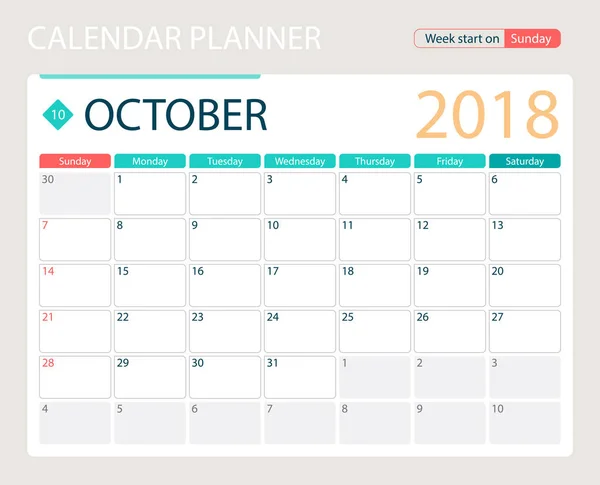Oktober 2018, Illustrationsvektorkalender oder Schreibtischplaner, Wochenbeginn am Sonntag — Stockvektor