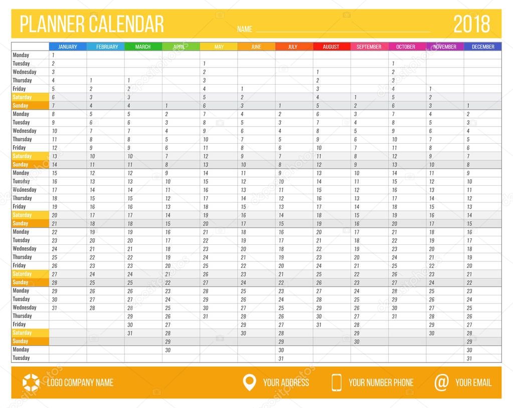 English calendar planner for year 2018. 12 months, corporate design planner template, size A4 printable calendar templates.