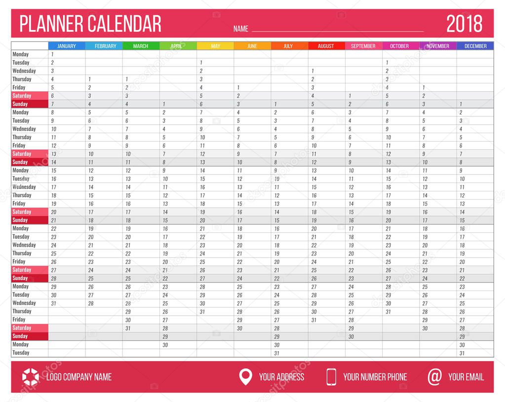English calendar planner for year 2018. 12 months, corporate design