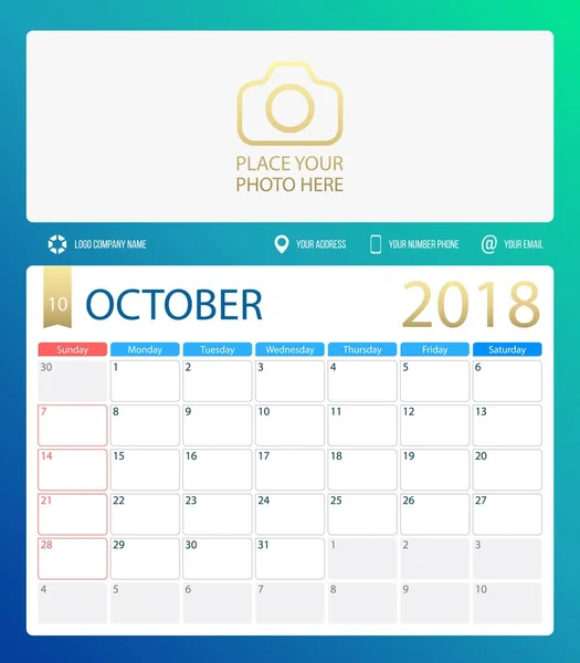 Oktober 2018, Illustrationsvektorkalender oder Schreibtischplaner, Wochenbeginn am Sonntag — Stockvektor