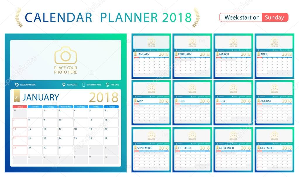 English calendar planner for year 2018, week start Sunday. Set of 12 ...