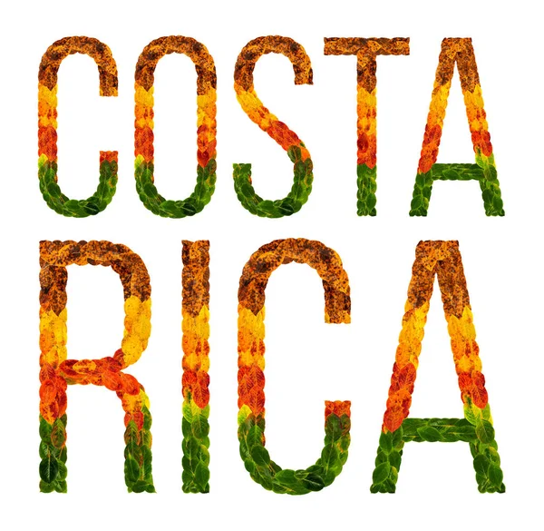 字哥斯达黎加国家是书面的白色绝缘背景的叶子, 印刷的旗帜, 一个创造性的发展中国家有色叶子哥斯达黎加 — 图库照片