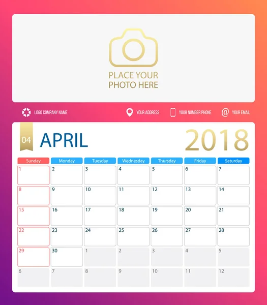 April 2018, Illustrationsvektorkalender oder Schreibtischplaner, Wochenbeginn am Sonntag — Stockvektor