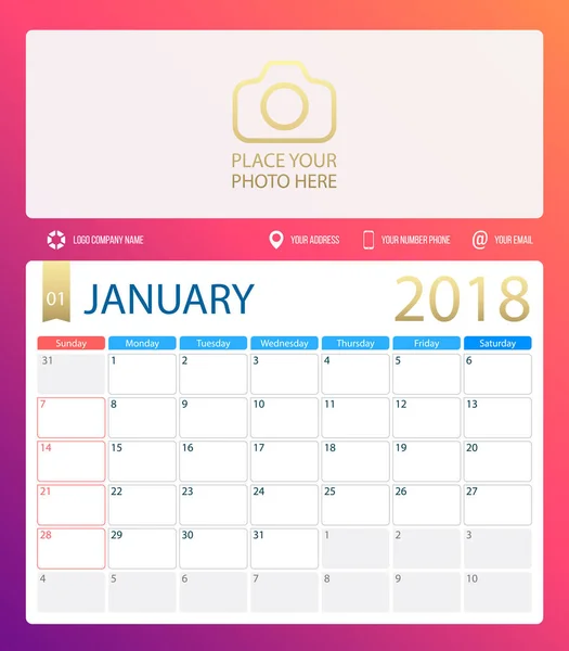 ENERO 2018, calendario vectorial ilustración o planificador de escritorio, semanas comienzan el domingo — Archivo Imágenes Vectoriales