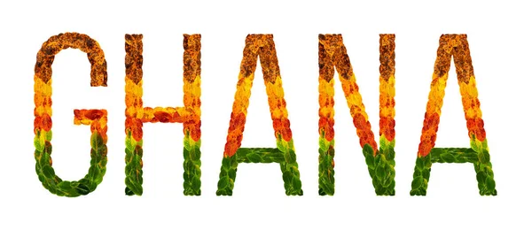 Parola Ghana paese è scritto con foglie su uno sfondo bianco isolato, uno striscione per la stampa, un paese in via di sviluppo creativo foglie colorate Ghana — Foto Stock