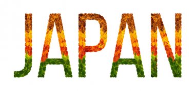 Word Japonya ülke Japonya yaprakları yaprakları beyaz yalıtılmış zemin üzerinde baskı, boyalı yaratıcı bir gelişmekte olan ülke için bir afiş ile bulunmakta