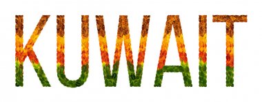 Word Kuveyt ülke Kuveyt yaratıcı bir gelişmekte olan ülke renkli yaprakları yaprakları beyaz yalıtılmış arka planda, baskı için bir afiş ile bulunmakta