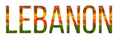 Word Lübnan ülke Lübnan yaratıcı bir gelişmekte olan ülke renkli yaprakları yaprakları beyaz yalıtılmış arka planda, baskı için bir afiş ile bulunmakta