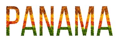 Word panama ülke yaprakları ile yazılı beyaz yalıtılmış zemin, bir afiş yazdırmak için bir yaratıcı gelişmekte olan ülke renkli yaprakları panama