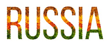 Word Rusya ülke Rusya yaratıcı bir gelişmekte olan ülke renkli yaprakları yaprakları beyaz yalıtılmış arka planda, baskı için bir afiş ile bulunmakta