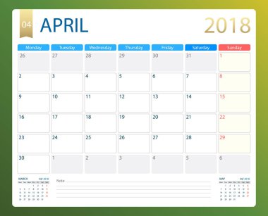 Nisan 2018, illüstrasyon vektör planlayıcısı, takvim veya Resepsiyon hafta Pazartesi günü başlar