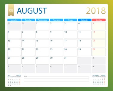Ağustos 2018, illüstrasyon vektör planlayıcısı, takvim veya Resepsiyon hafta Pazartesi günü başlar