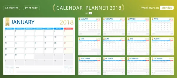 Kalenderplaner für das Jahr 2018, Wochenstart Montag. Satz von 12 Monaten, Corporate Design Planer Vorlage, Größe druckbare Kalendervorlagen. — Stockvektor