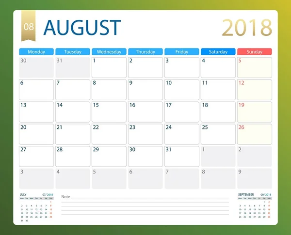 August 2018, Illustrationsvektorkalender oder Schreibtischplaner, Wochenbeginn am Montag — Stockvektor