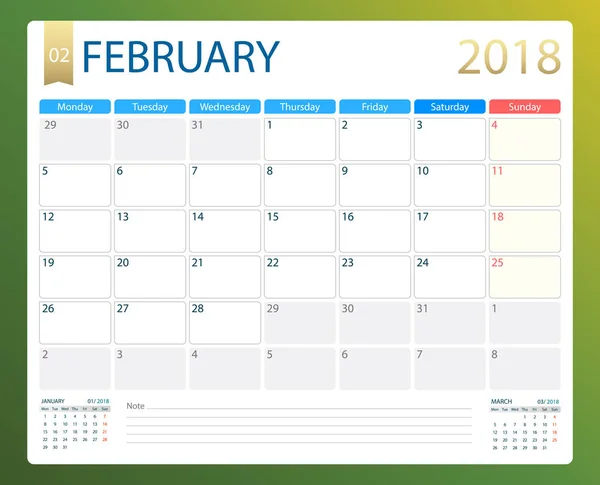 FEBRERO 2018, calendario vectorial ilustración o planificador de escritorio, semanas comienzan el lunes — Archivo Imágenes Vectoriales