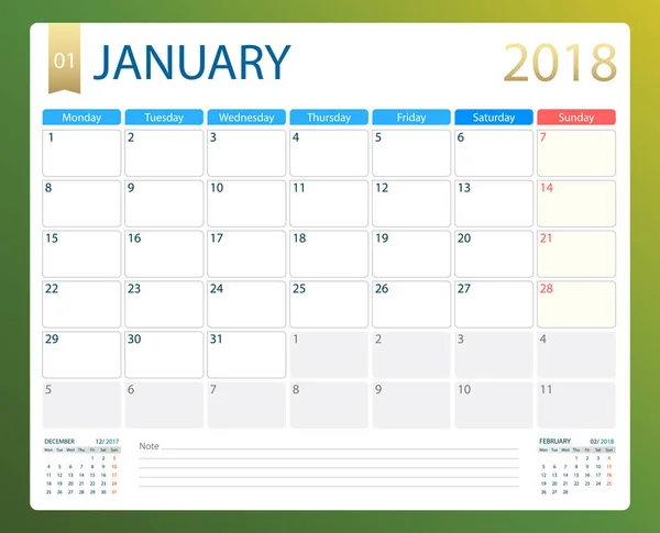 ENERO 2018, calendario vectorial ilustración o planificador de escritorio, semanas comienzan el lunes — Vector de stock