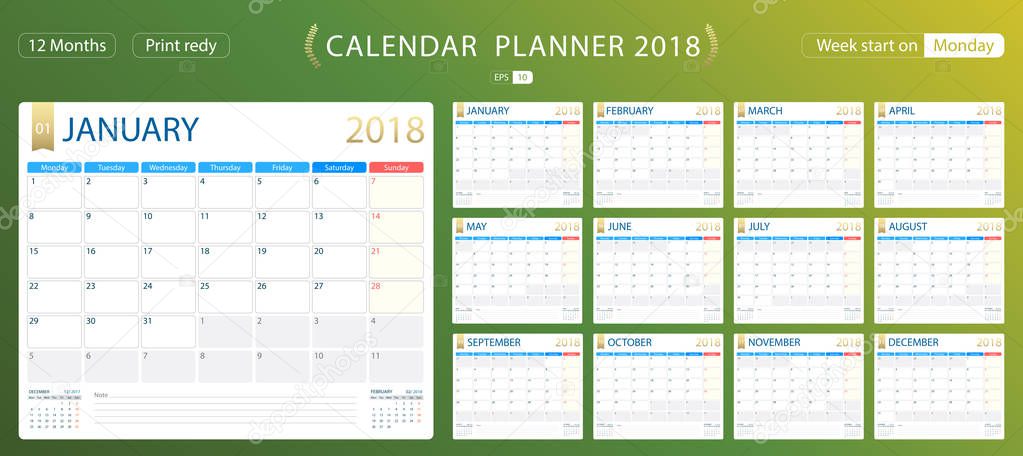 English calendar planner for year 2018, week start Monday. Set of 12 months, corporate design planner template, size printable calendar templates.
