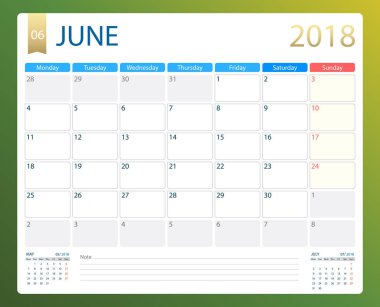 Haziran 2018, illüstrasyon vektör planlayıcısı, takvim veya Resepsiyon hafta Pazartesi günü başlar