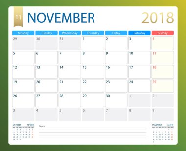 Kasım 2018, illüstrasyon vektör planlayıcısı, takvim veya Resepsiyon hafta Pazartesi günü başlar